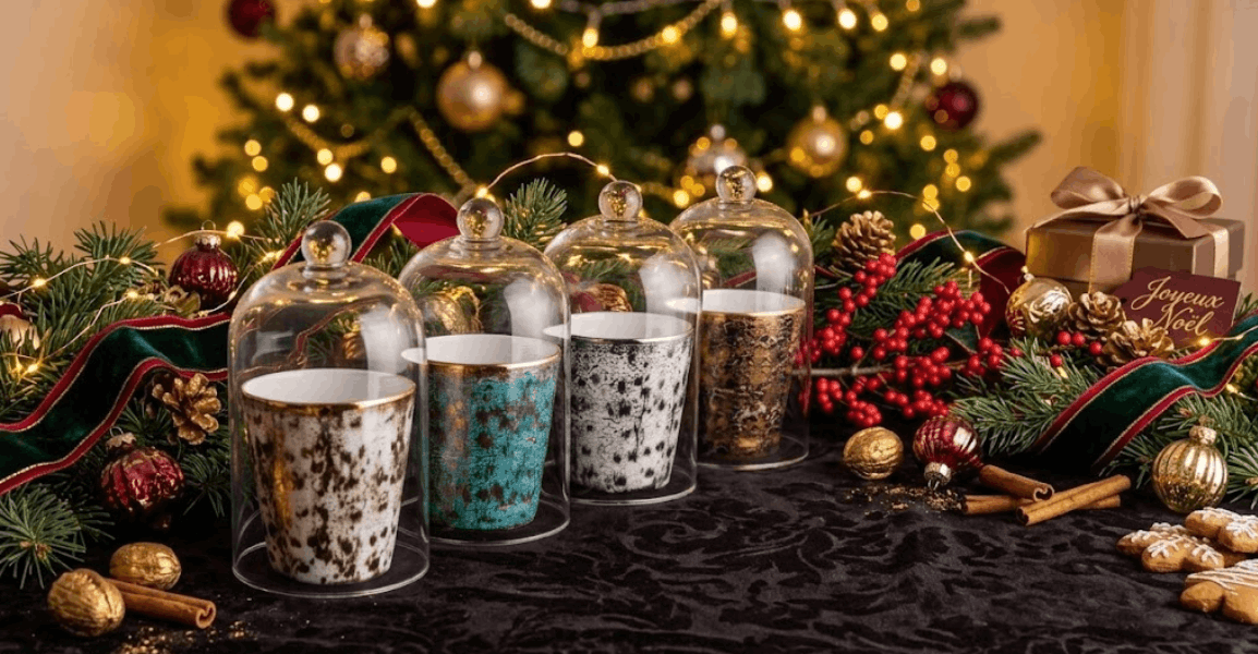 Bougies parfumées sous cloches en verre dans un décor de Noël – Lorenza Di Filippo